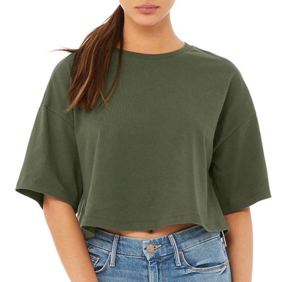 Burnt Olive Boxy Oversized Short Sleeve Cotton Cropped Top - Picture 1 of 3
